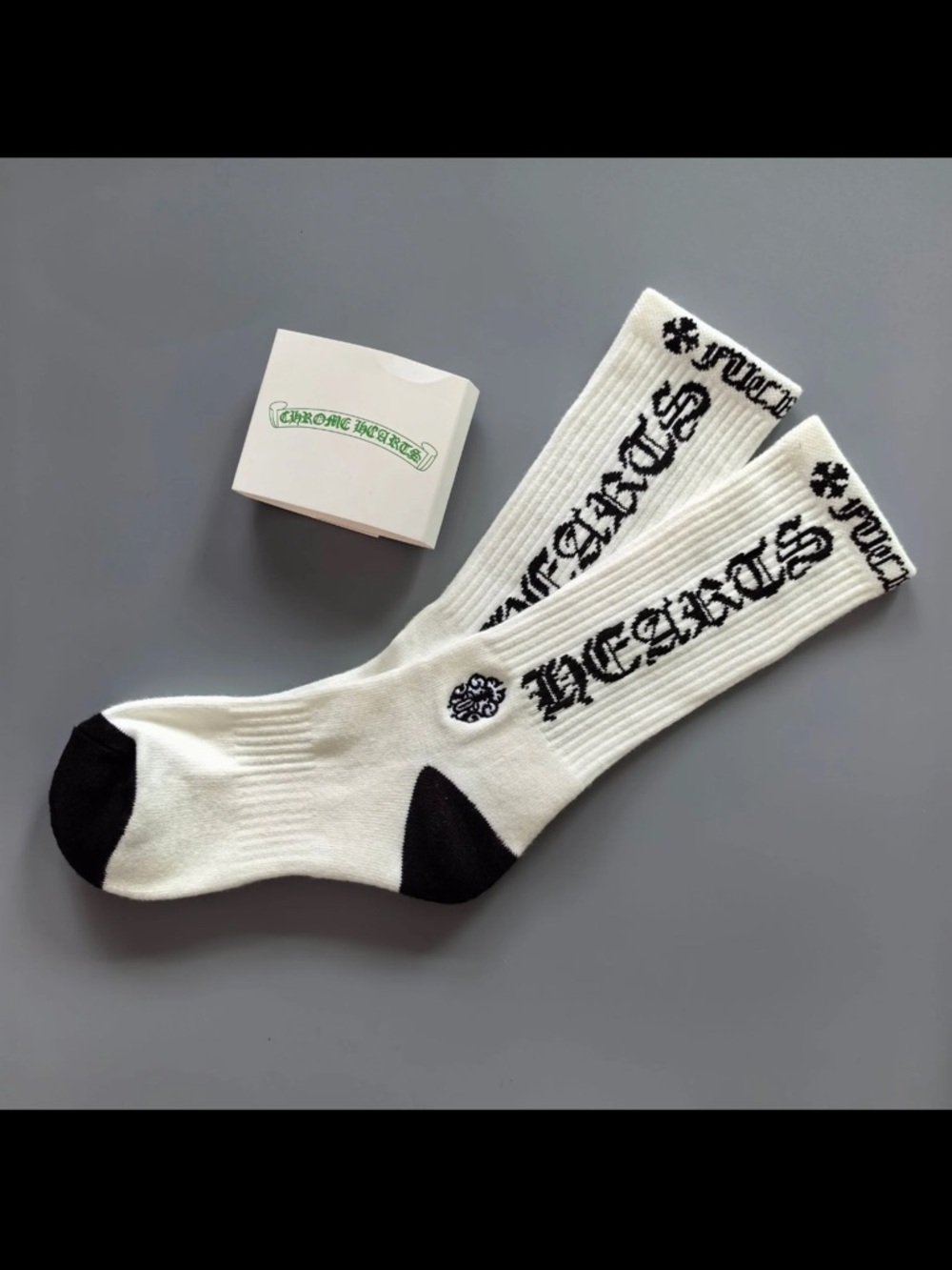 Chrome Hearts White Crew Socks with Black Toe, Heel and Logo